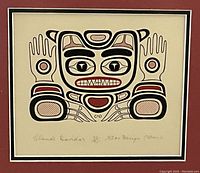 Close-up of the Haida Gwaii themed print showing the stylized bear image with traditional formline design in black and red ink on cream paper. Signature, edition number (30/75), and title 'Box Design (Bear)' are visible beneath the artwork.