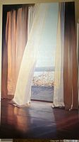Full frontal view of a large vertical canvas showing white and brown curtains blowing gently in front of a window with a water and foliage view.