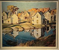 Unframed print of 'The White Village' showing white houses and reflection in water