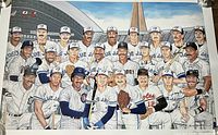 Full view of the colorful art poster featuring numerous baseball players primarily in Toronto Blue Jays uniforms along with other MLB teams, set in a stadium with the CN Tower in the background.