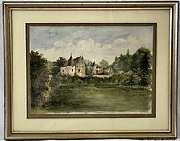 Framed watercolour painting showing a castle landscape under a cloudy sky with surrounding greenery, titled and signed by the artist.