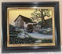 Framed full view of signed oil serigraph print depicting rustic watermill and rural landscape by H. Hargrove.