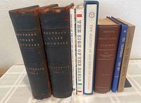 Spine and front view of multiple California history books standing upright including the Guinn volumes and other titles related to San Diego and California missions.