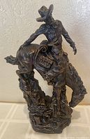 Front view showing cowboy on bucking horse with detailed clothing and saddle.