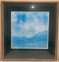 Full framed and matted lithograph with visible print showing the misty mountain scene with Indian camp