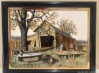 Frontal image of framed oil serigraph print depicting a rustic barn and autumn tree shadows.