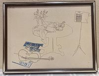 Full front view of the framed Millicent Tomkins print showing the overall artwork with line drawing and embroidered fabric details.