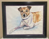 Framed colored pencil drawing of a white and brown dog named 'Mazie' lying down, signed Stolar 2014, some minor frame wear visible.