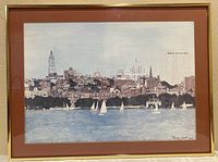 Framed watercolor painting showing Boston skyline with sailboats, signed by Thurman Smith in 1967.
