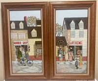 Pair of framed oil serigraphs by H. Hargrove depicting small town Americana scenes, barbershop and clothing store.