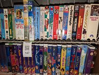 Shelf with two rows of VHS tapes featuring Disney classics and kids titles such as Aladdin, Lion King, Cinderella, Jungle Book, Toy Story 2 plus others like Bob the Builder and Animaniacs.