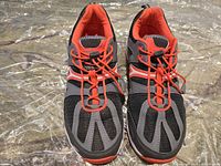 Pair of Speedo women's slide shoes in gray and orange, shown from above on clear surface.