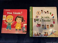 Photo showing front covers of two French children's books, 'Vive l'école!' and 'Je vais à l'école!',' bright colorful illustrations for young kids.