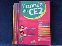 Front cover of L'année du CE2 book showing listed subjects and colorful design