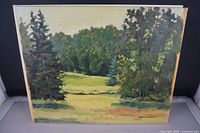 Full view of the landscape oil painting showing trees and a meadow.