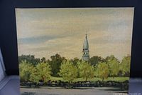 Full view of the 8x10 inch painting showing the church steeple with trees and water in foreground.