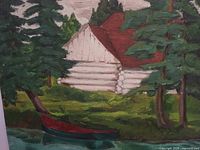 Close-up of painted scene showing cabin, trees, and canoe