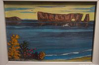 Close-up of painting front showing composition, colour palette and artist signature lower left