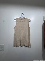 Full view of a beige sleeveless knit top hanging on a white hanger against a white wall.