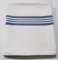 Folded view of the white flannel hospital style blanket by George Courey with blue stripes.