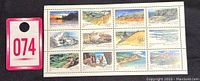 Photo of complete sheet of 12 stamps showing beautiful nature scenes from Canadian national parks.