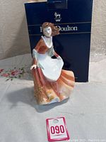 Front angle showing woman's face, pose and partial dress detail with Royal Doulton box in background.