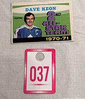 Photo of the front side of the 1970-71 O-Pee-Chee Dave Keon 2nd All-Star Team hockey card, card number 259, showing player photo and text.