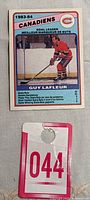 Front photo of 1983-84 O-Pee-Chee NHL hockey card #360 showing Guy Lafleur in action for Canadiens in red uniform.