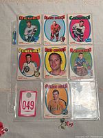 Seven 1971-72 OPC hockey cards displayed in a nine-slot plastic page holder, showing Blues, Black Hawks, Canucks, Penguins, Red Wings, Rangers, and Golden Seals cards.
