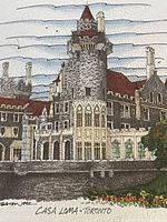 Close-up of the focal area of the painting showing detailed depiction of Casa Loma building with textured effect and signature by David Crighton dated 1992.