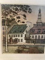Print depicting Quebec city buildings with benches and a tree in foreground