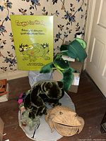 Multiple plush stuffed frog toys including a large dark green and smaller bright green, some wearing accessories, placed on a soft pad with a green frog hand puppet and a box with frog designs.