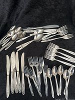 Photo shows the full assortment of flatware: knives, forks, and spoons grouped by type. Stainless steel with engraved floral handles.