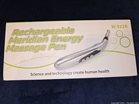 Box for the Rechargeable Meridian Energy Massage Pen, showing product name, model W-912R, and tagline 'Science and technology create human health'