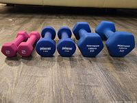 Full set of six dumbbells on wood floor showing pink 2 lb, blue 2 kg Energetics, and blue 10 lb Northern Lights dumbbells.