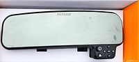 Rear view mirror dash cam with reflective surface and control buttons.