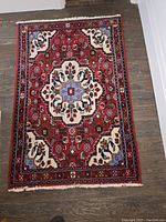 Full view of Persian handmade area rug, showing entire rug on hardwood floor with clear visibility of design and colors.