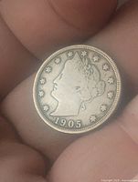 Obverse of 1905 US Nickel showing Liberty head with coronet and 1905 date.