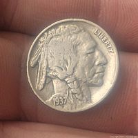Obverse side of 1937 Buffalo Nickel showing Native American profile, LIBERTY, and date.