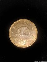 Close-up image of the 1942 Canadian 5 cent coin showing the reverse side with beaver and date