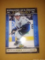 Front of the 2006-07 Upper Deck hockey card featuring Alex Ovechkin in Washington Capitals jersey with 'Biography of a Season 2006-07' heading.