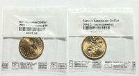 Front view of both 2001-D Sacagawea and 2014-D Native American $1 coins in protective holders showing grading details.
