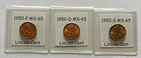 Obverse side of 3 Lincoln Wheat cents dated 1950 P, D, S in MS-65 grade holders