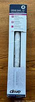 Front of original box showing white powder coated grab bar, 12 inch length and brand Drive.
