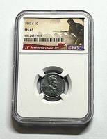 Obverse side of 1943-S steel Lincoln cent coin in NGC holder showing grade and special 75th Anniversary label with soldier illustration.