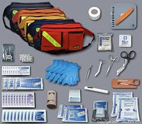 Displayed contents of the EMI Trauma Pac showing an assortment of first aid items: gloves, tape, scissors, bandages, gauze, tweezers, antiseptic wipes, and more, with multiple fanny packs in various colors in background