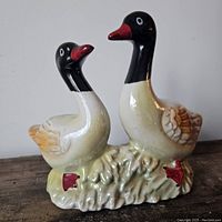 Front photo showing two ducks with black heads, red beaks, and red feet on textured base.