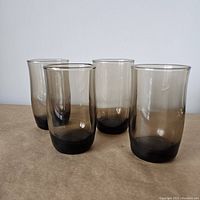 Four smoked glass juice glasses arranged in a row showing their size and smoked tint.