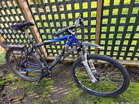 Side angle view showing the blue and black Giant Rincon mountain bike with rear storage rack, front suspension fork, and knobby tires on grassy surface.