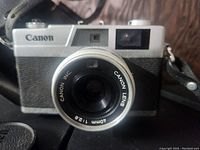 Front view of Canon Canonet camera showing 40mm f/2.8 lens and Canon branding.